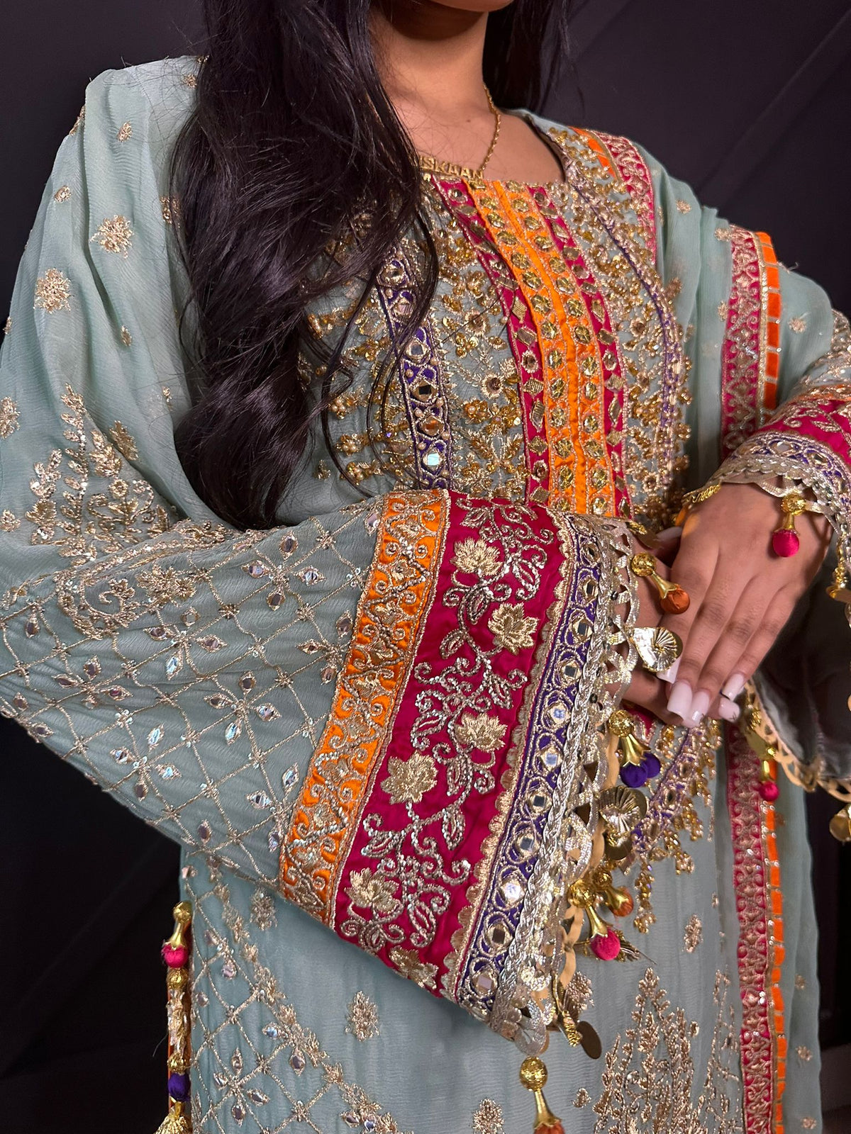 Karma Bridal - Mint and Pink Trail Gharara