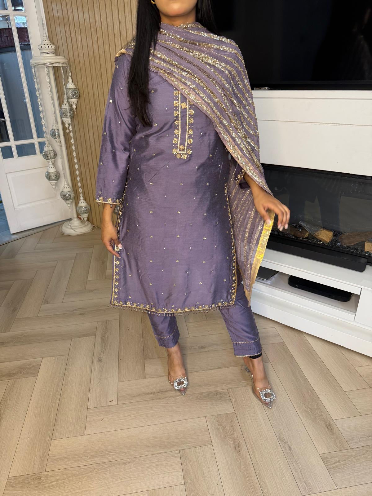 Nuraan 3pc Raw Silk Suit-Lilac