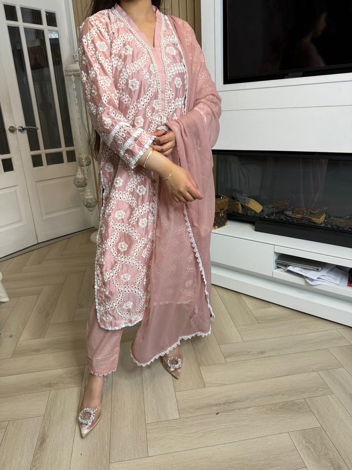 Radhiya 3pc Cotton Suit With Pearl Detailing
