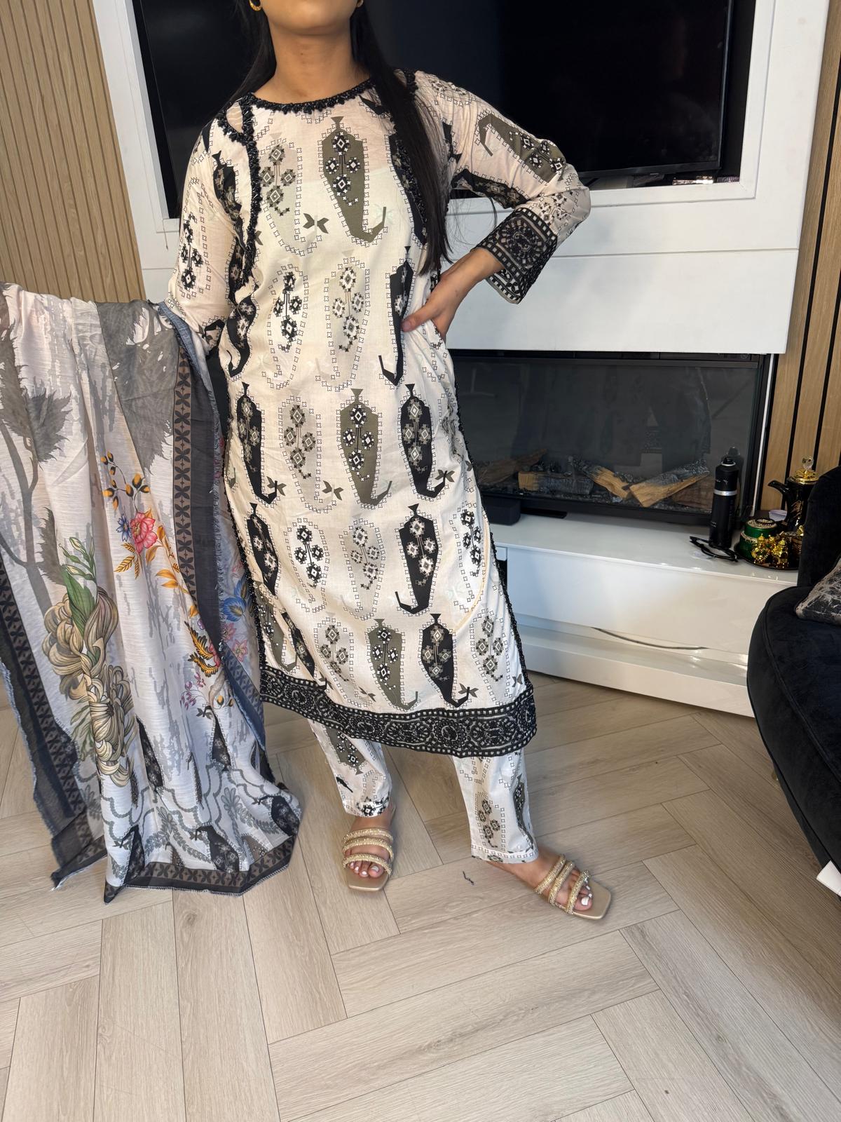 Izah 3pc Printed Lawn Suit With Shoulder Cutout
