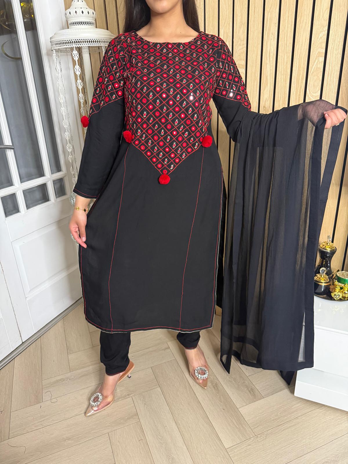 Nadia 3pc Suit with Red Hand Embroidery