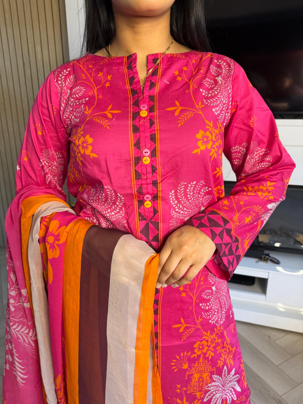 Sonam 3pc Printed Lawn Suit With Plazzo Trouser