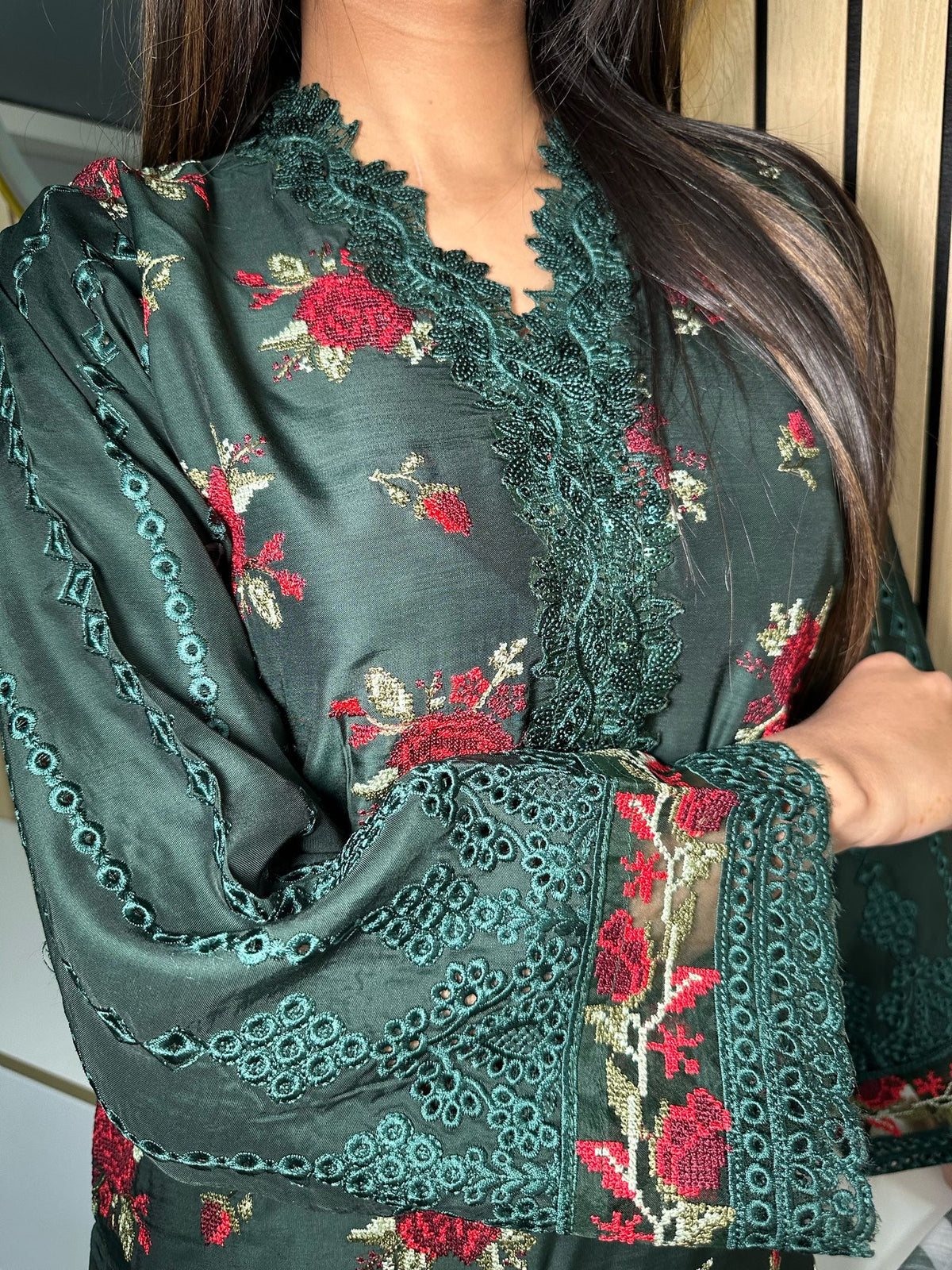 Rose 3pc Suit With Striped Dupatta