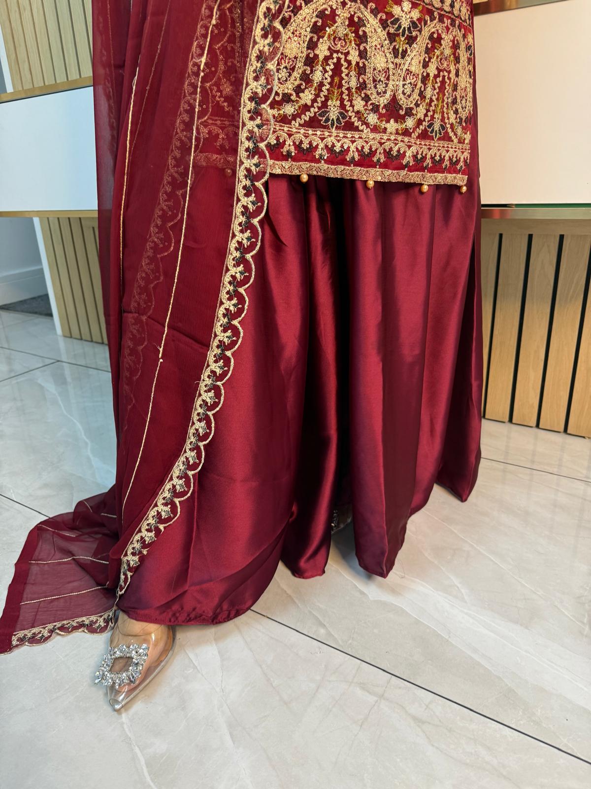 Fajar 3pc Chiffon Suit With Silk Gharara-Red U3-B5