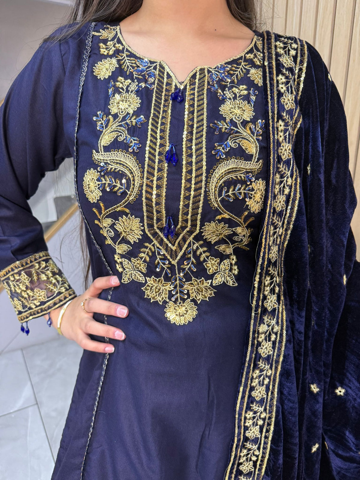 Habiba 3pc Embroidered Dhanak Suit With Velvet Shawl