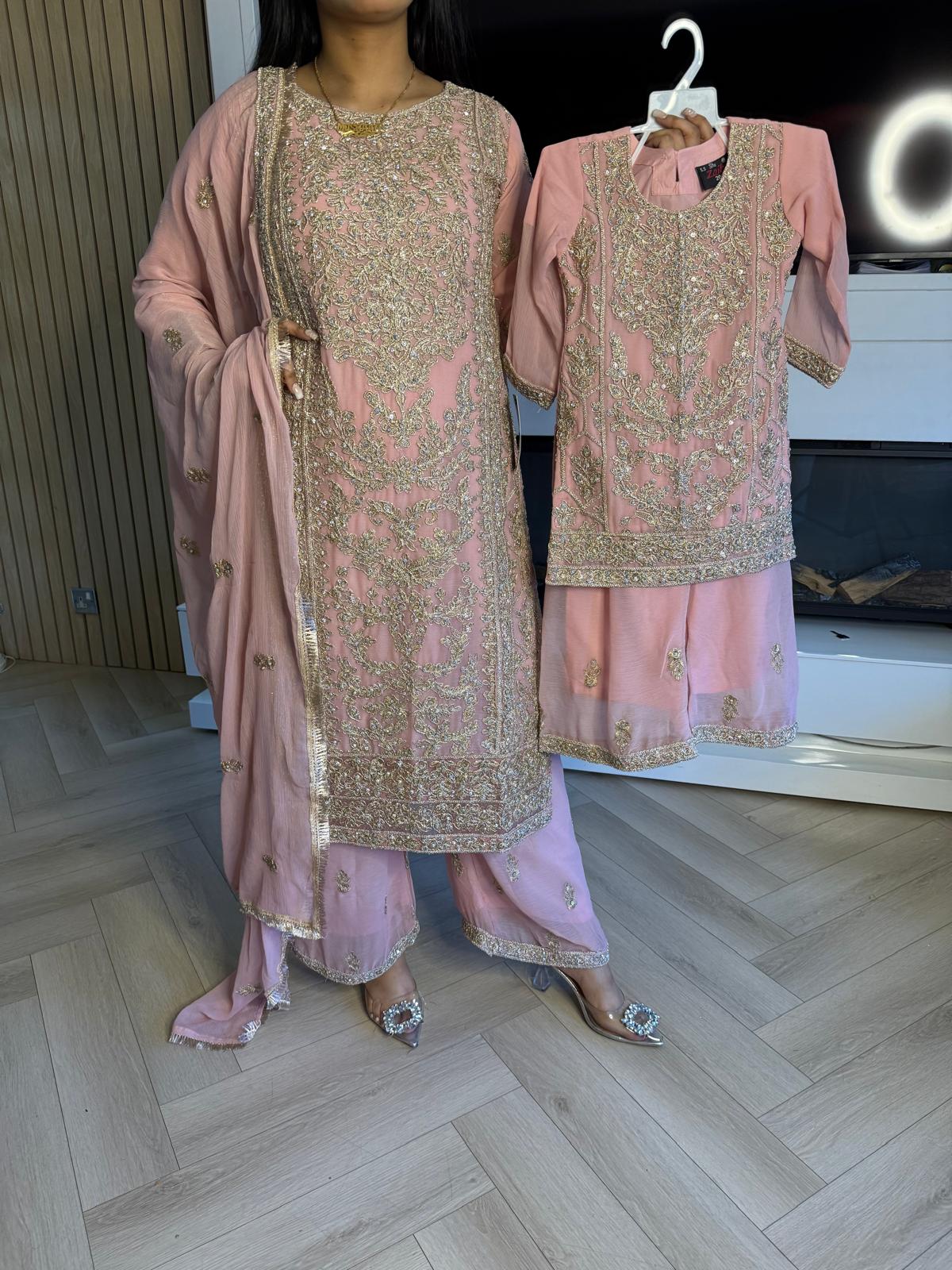 Manisba 3pc Mother & Daughter chiffon Suit With Plazzo