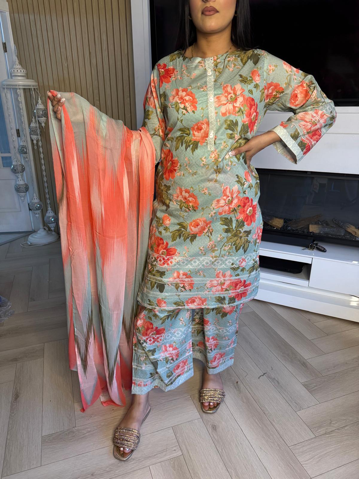 Sonam 3pc Printed Lawn Suit With Plazzo Trouser