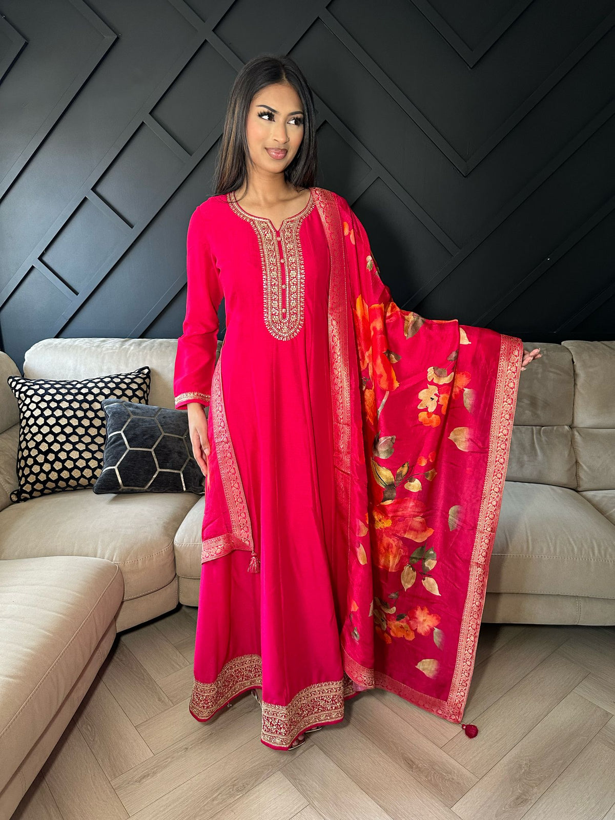 Hasina 2pc Indian Silk Dress & Floral Dupatta