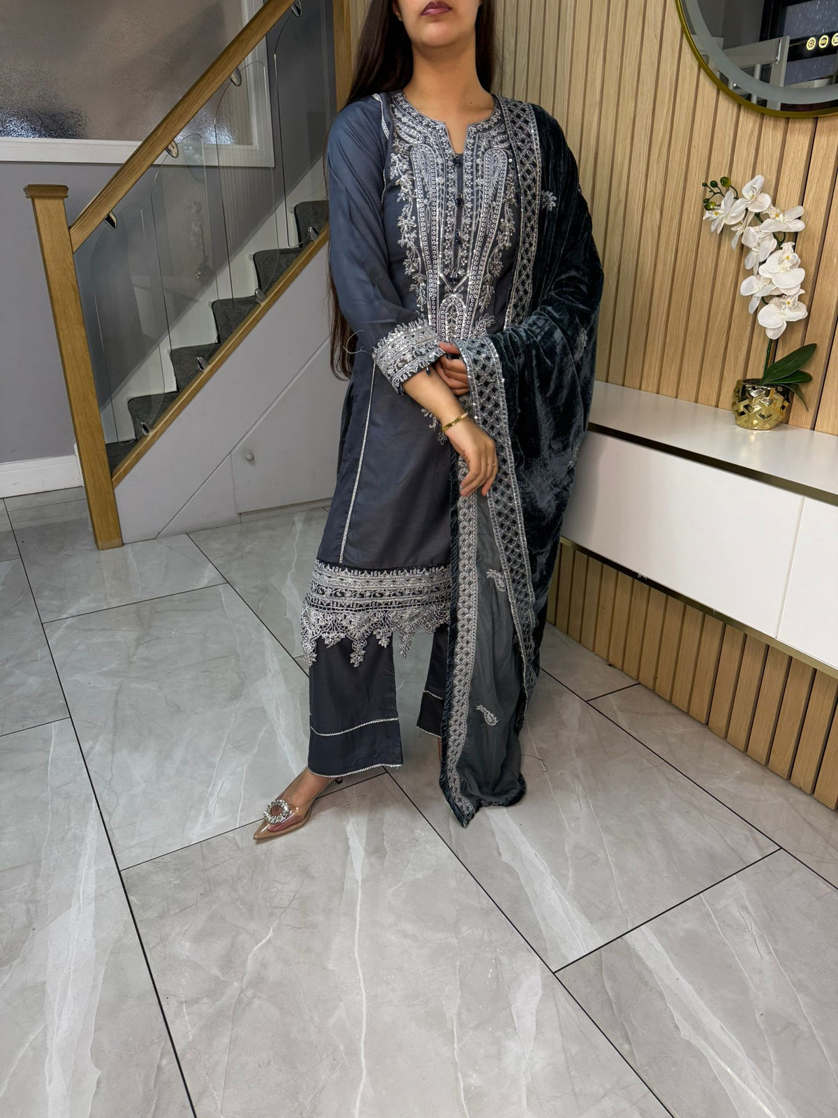 Habiba 3pc Embroidered Dhanak Suit With Velvet Shawl