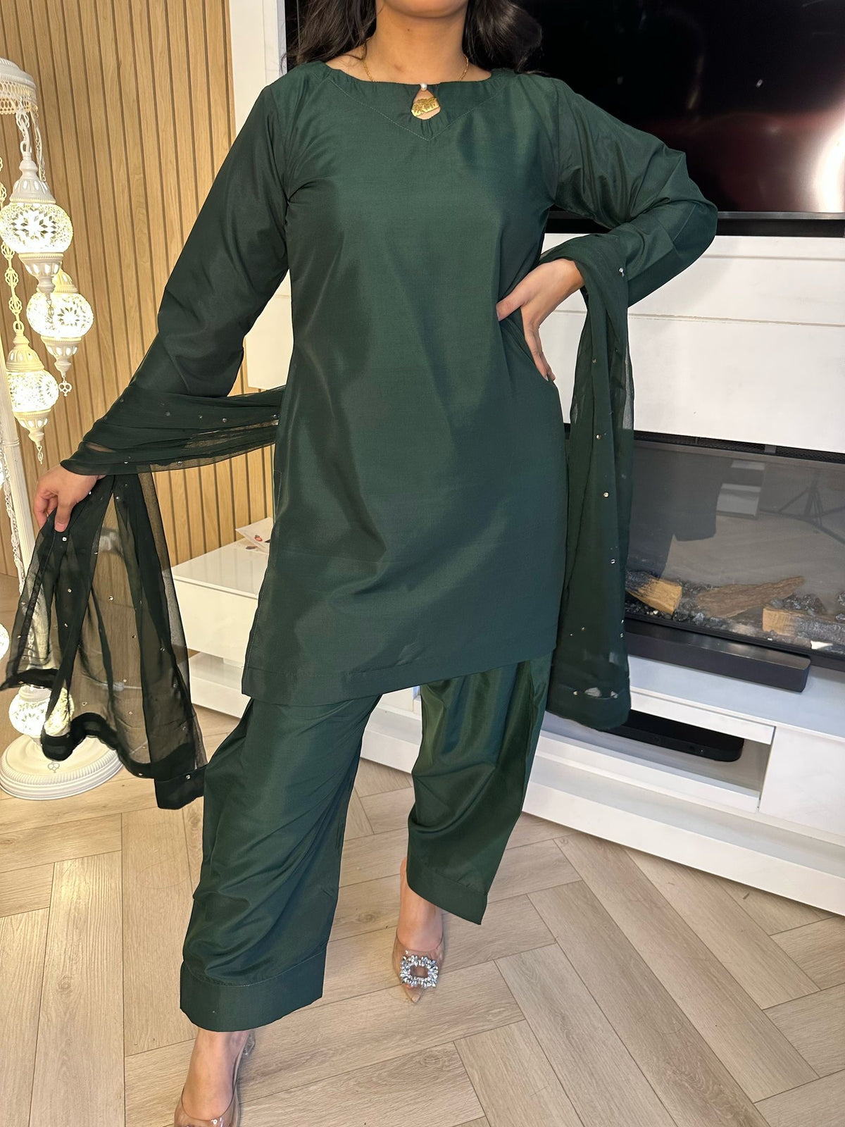 Keisha 3pc Plain Silk Farshi Shalwar