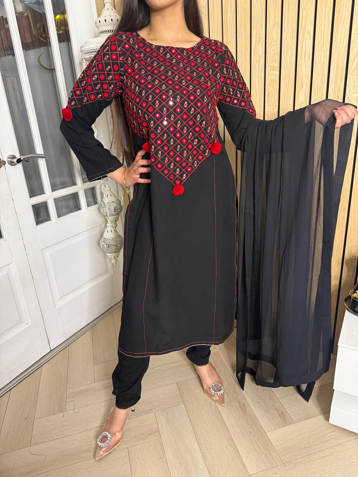 Nadia 3pc Suit with Red Hand Embroidery