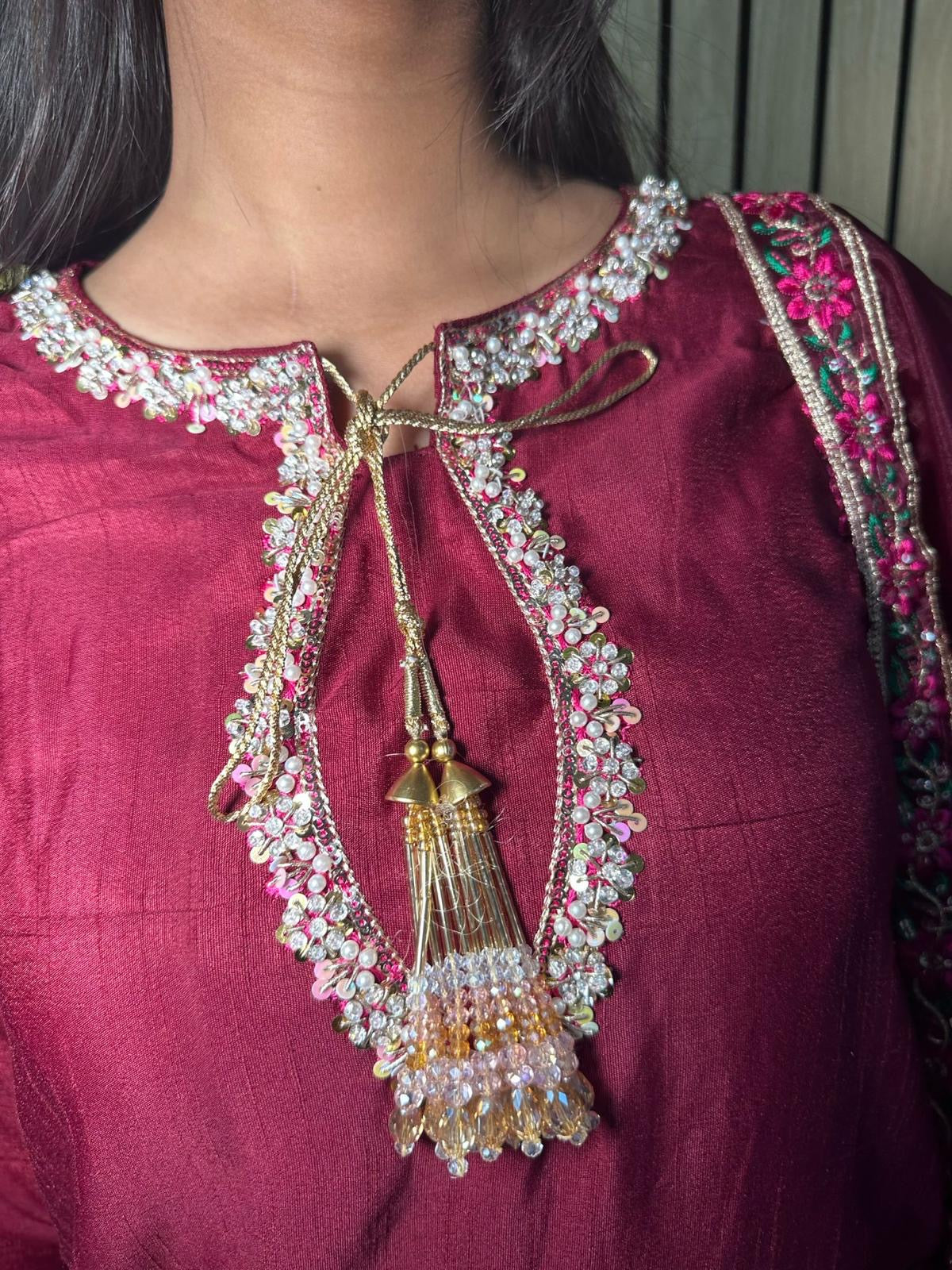 Lubna 3pc Silk Suit -Maroon U2-A5