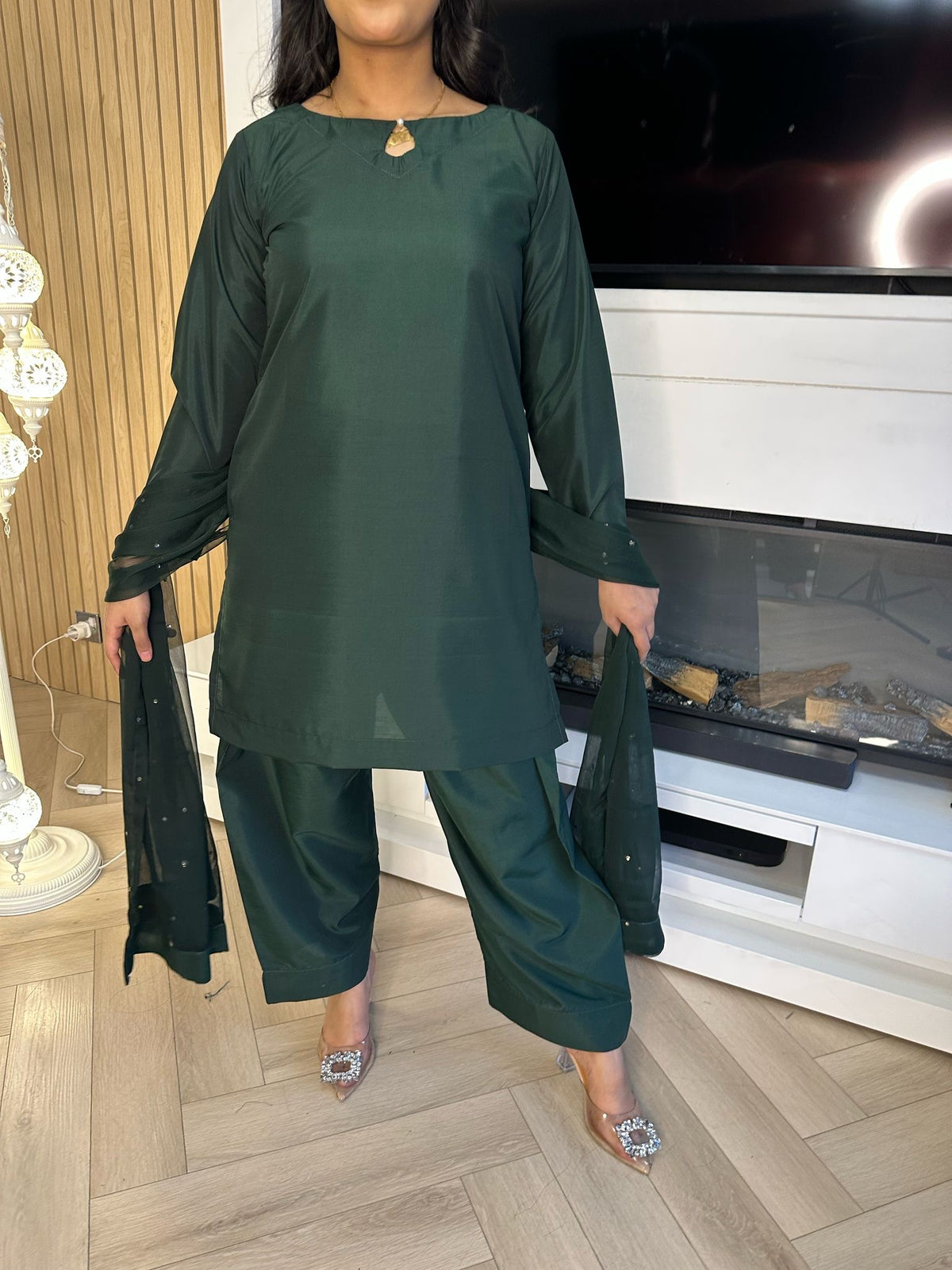 Keisha 3pc Plain Silk Farshi Shalwar