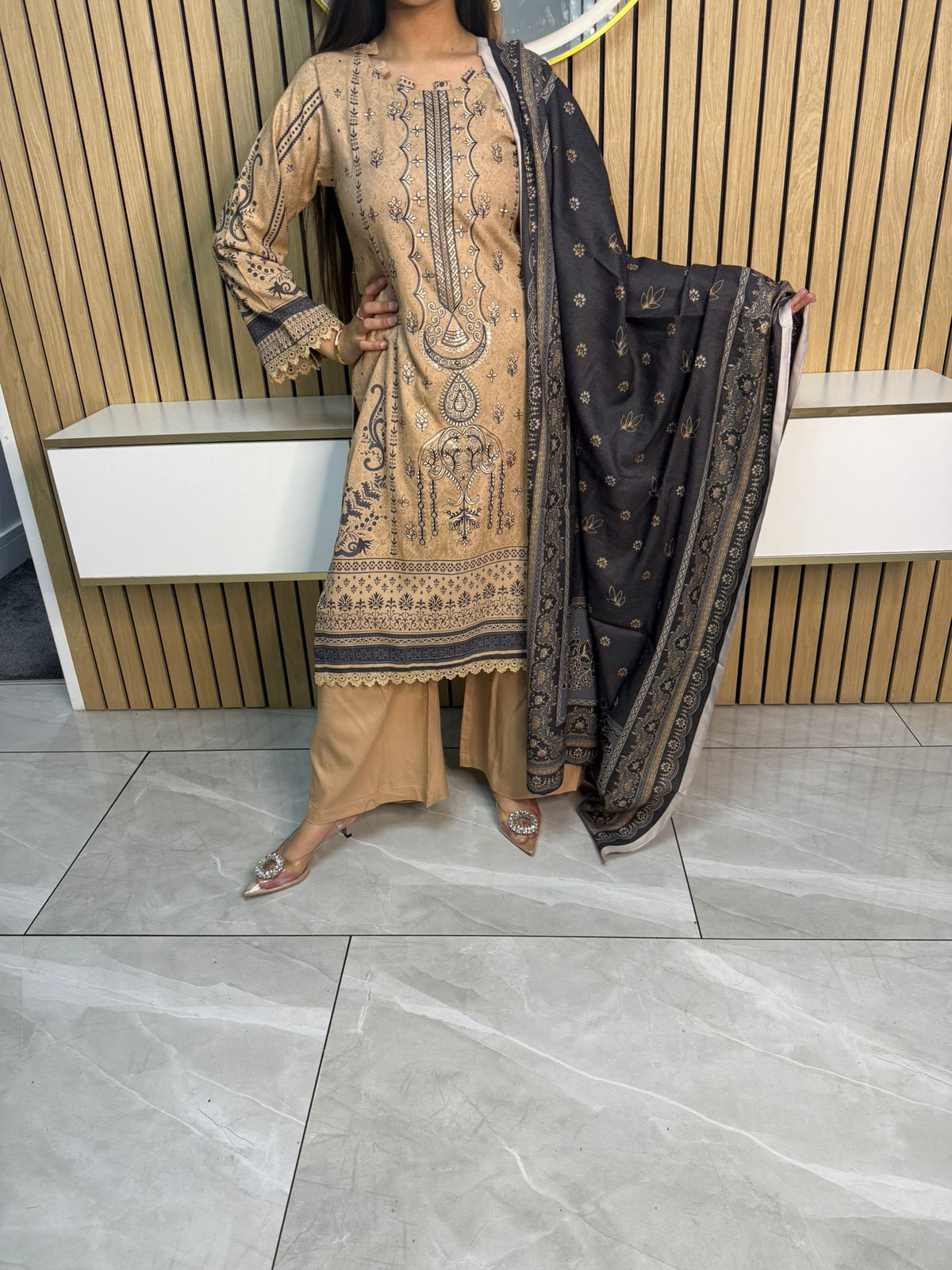 Arfa 3pc Dhannak suit with Shawl