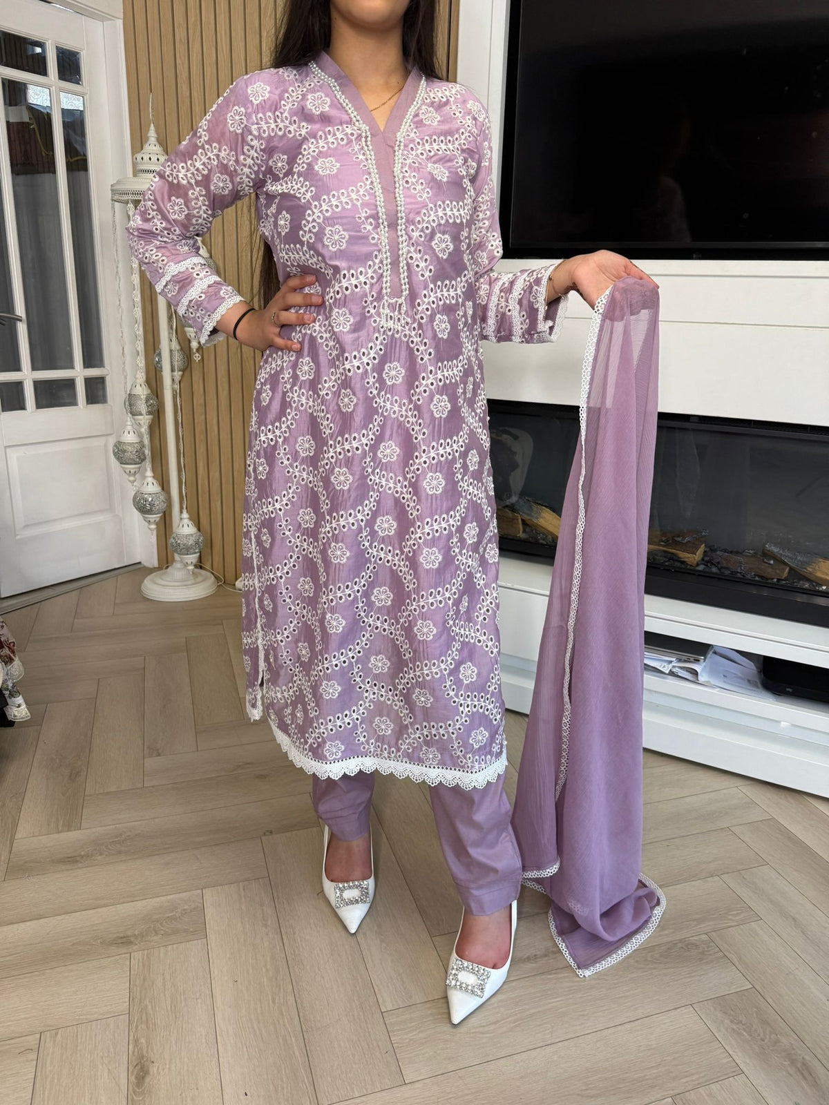 Radhiya 3pc Cotton Suit With Pearl Detailing