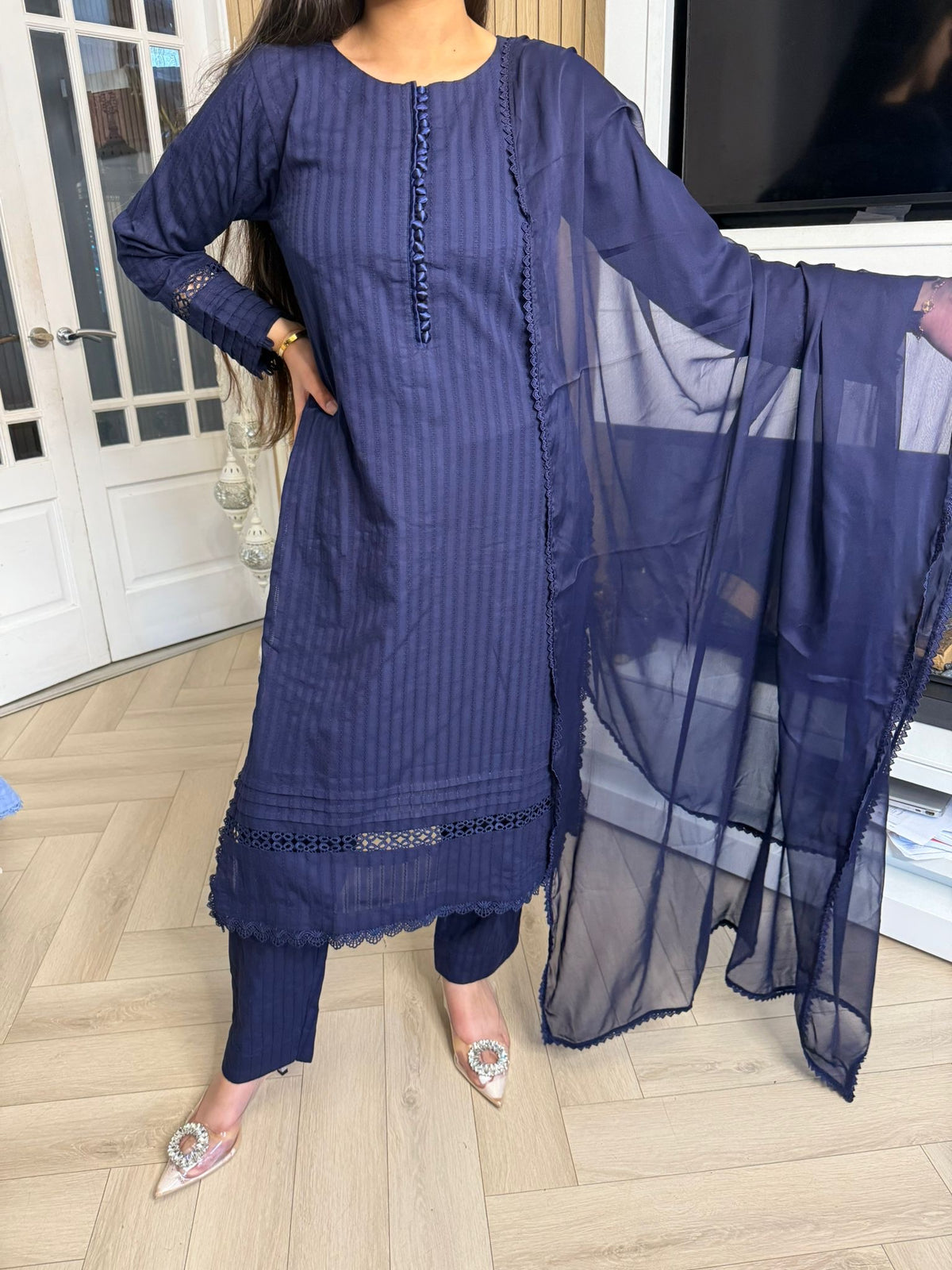 Radhiya 3pc Cotton Suit With Pearl Detailing