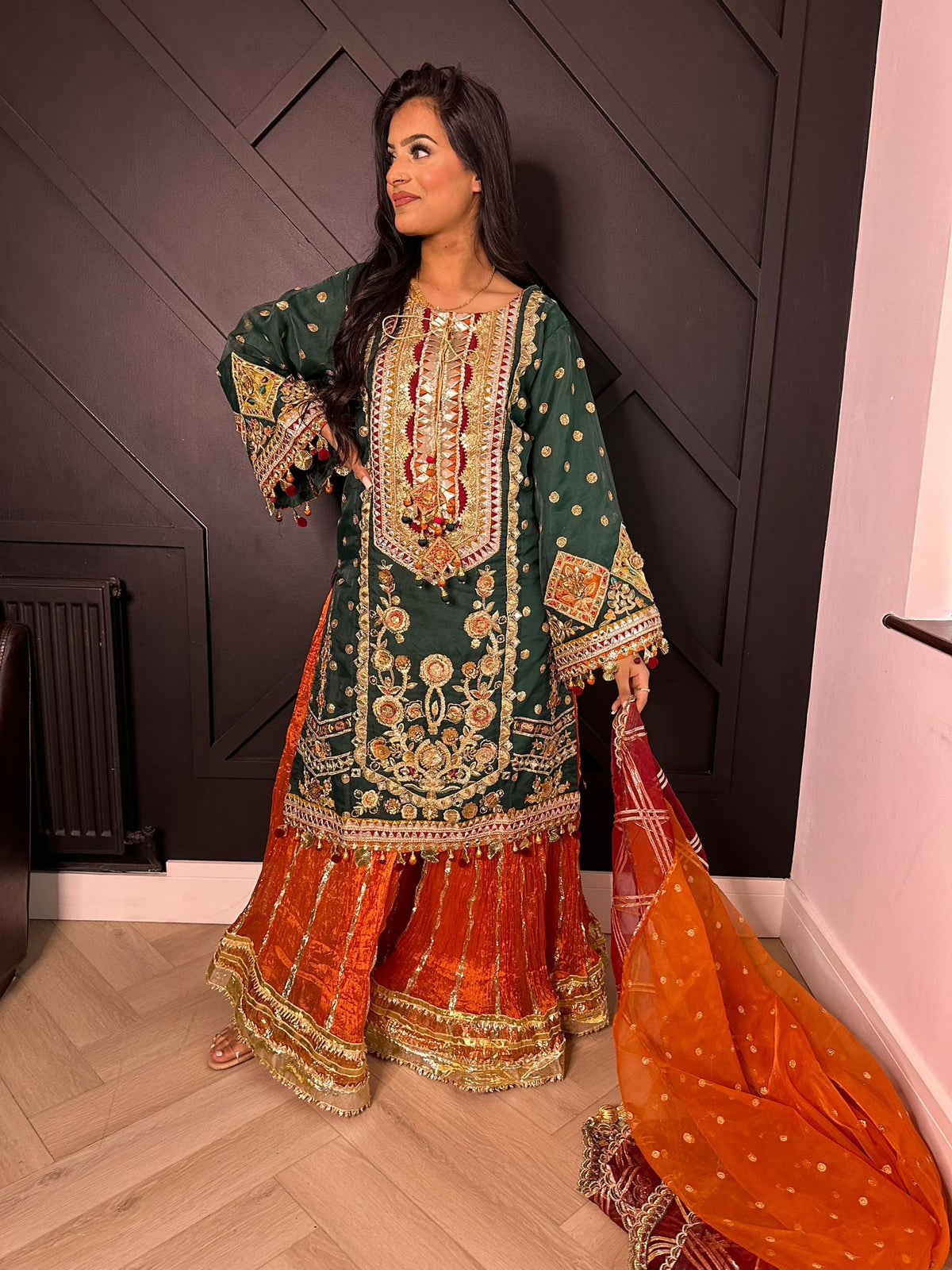 Karma-Emerald and Orange Sharara Style