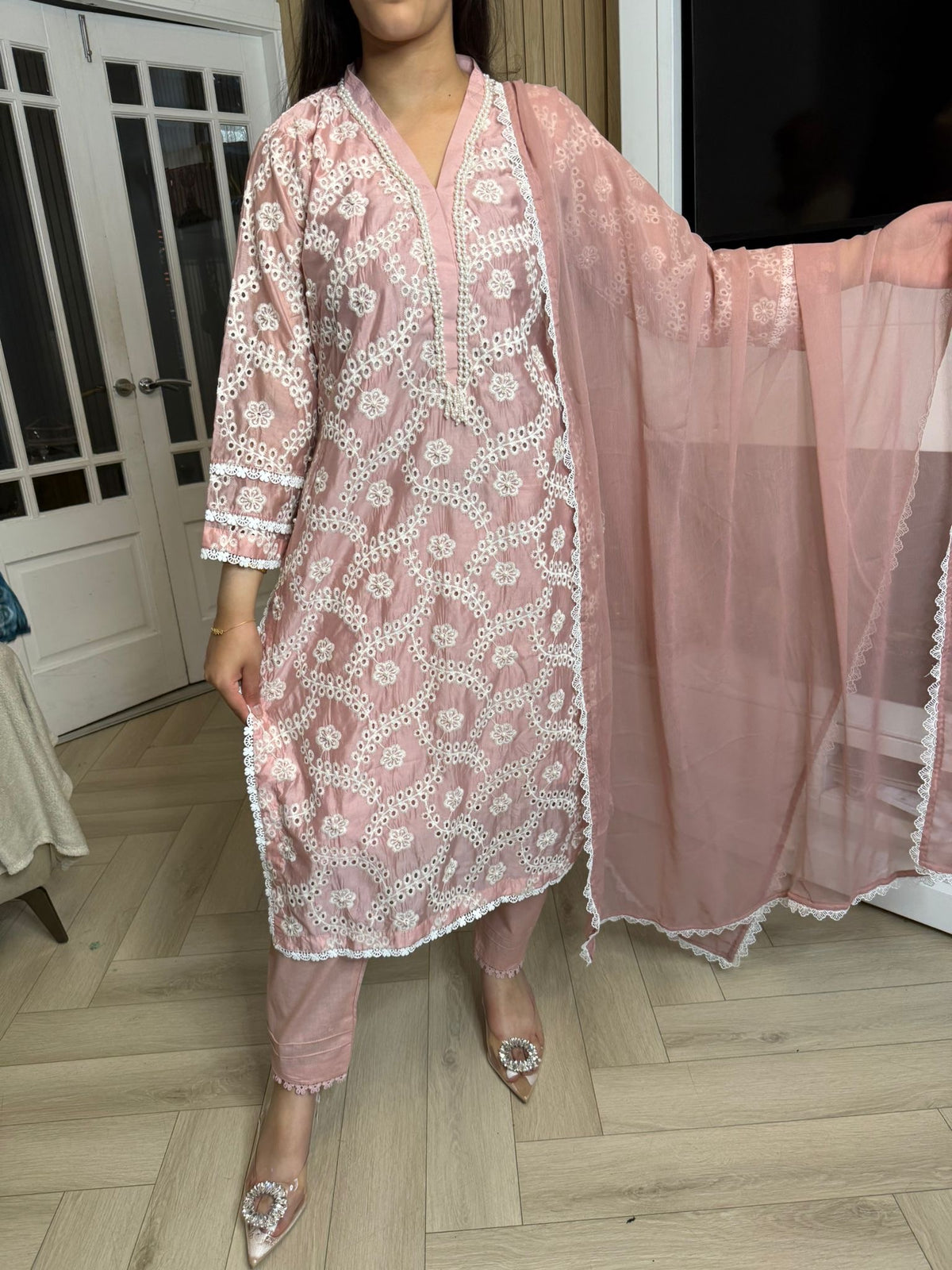Radhiya 3pc Cotton Suit With Pearl Detailing