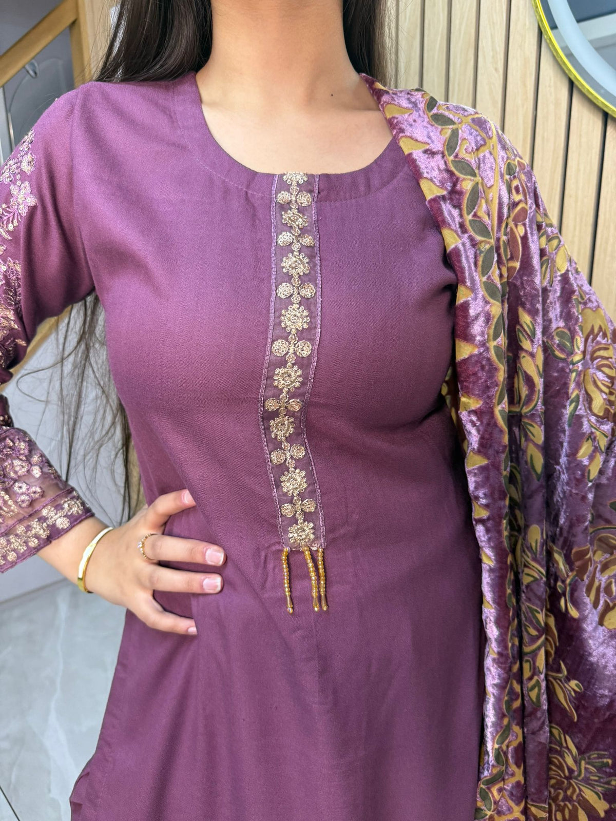 Asia 3pc Embroidered Dhanak Suit With Palachi Shawl