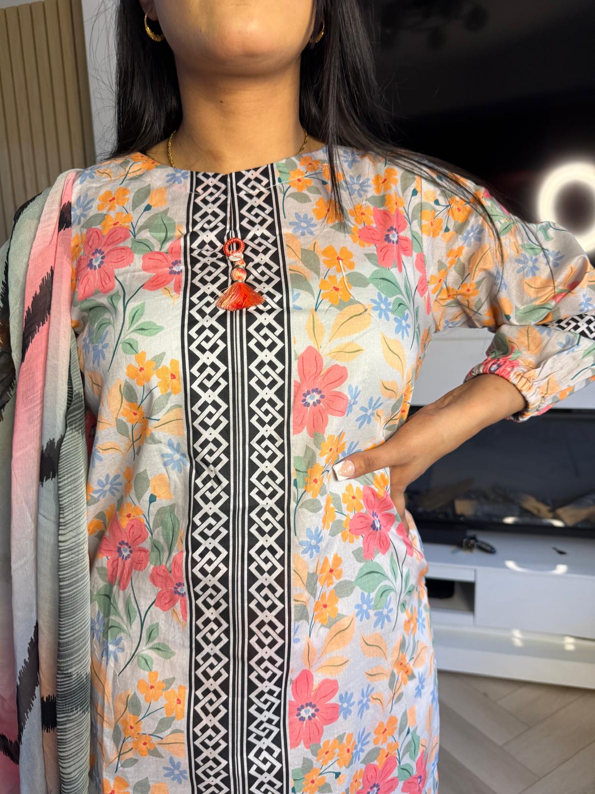Sonam 3pc Printed Lawn Suit With Plazzo Trouser