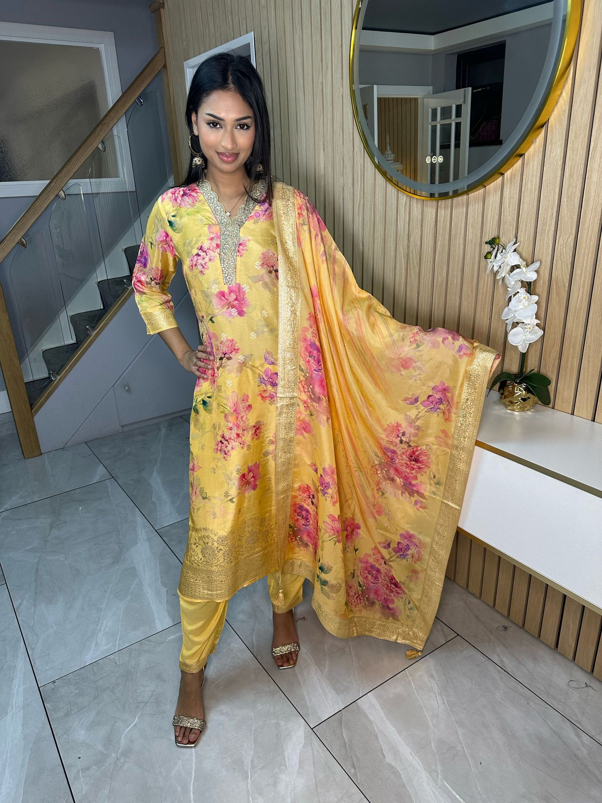 Lara 3pc Indian Silk Suit with Printed Kameez And Dupatta