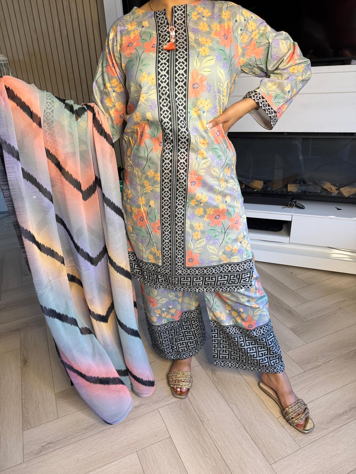Sonam 3pc Printed Lawn Suit With Plazzo Trouser