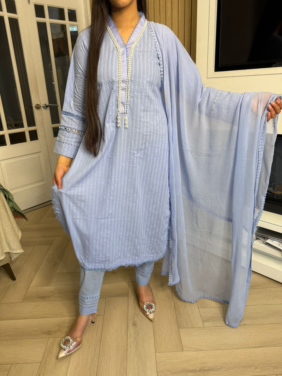 Radhiya 3pc Cotton Suit With Pearl Detailing