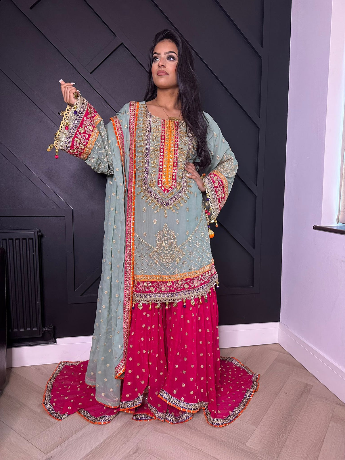 Karma Bridal - Mint and Pink Trail Gharara