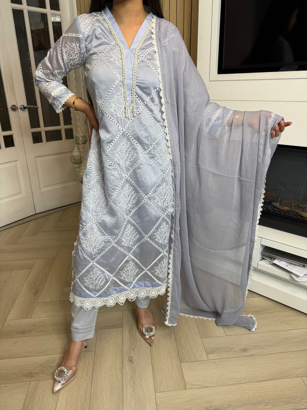 Radhiya 3pc Cotton Suit With Pearl Detailing