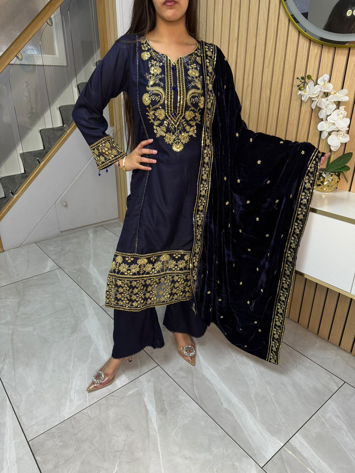 Habiba 3pc Embroidered Dhanak Suit With Velvet Shawl