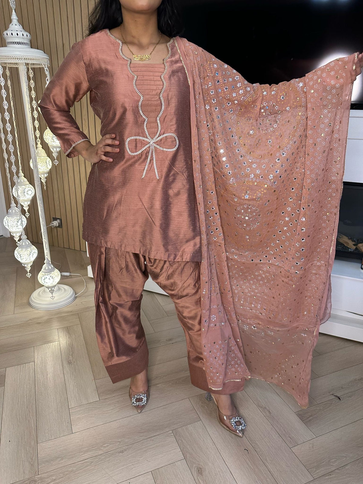 Bow 3pc Silk Farshi Shalwar Suit