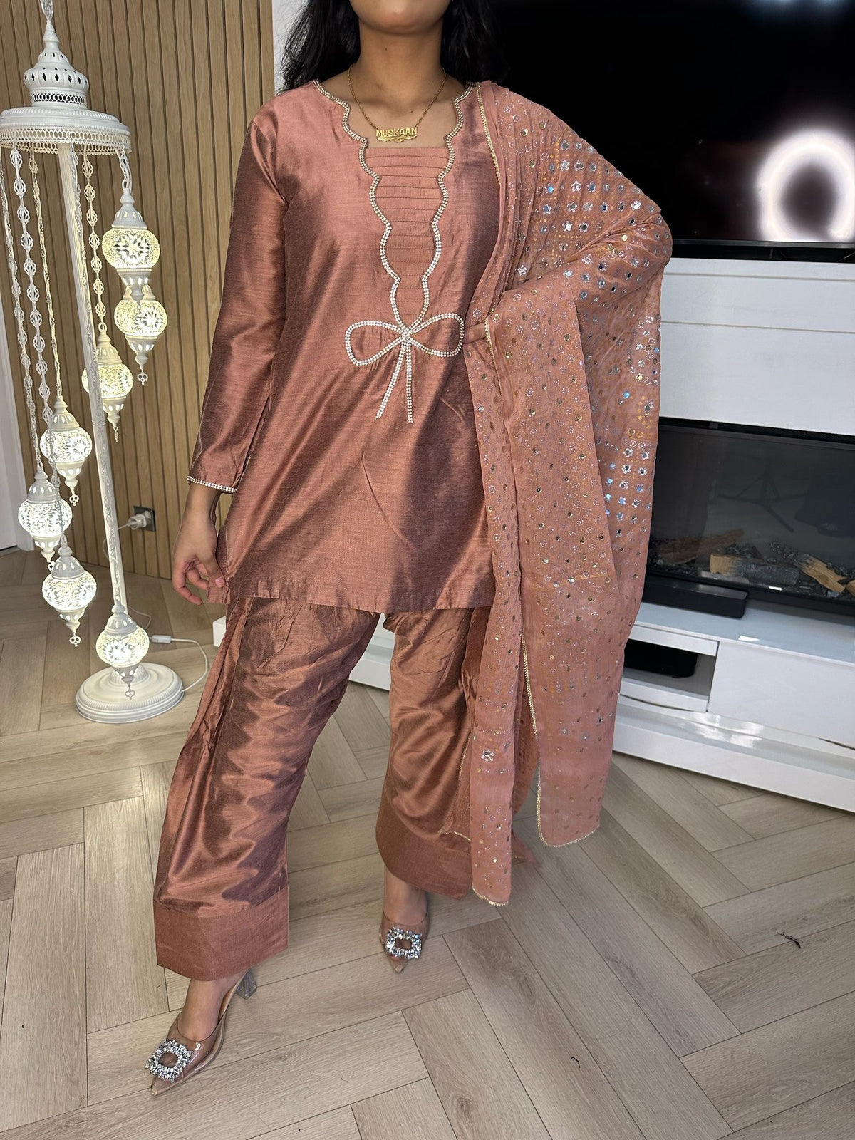 Bow 3pc Silk Farshi Shalwar Suit