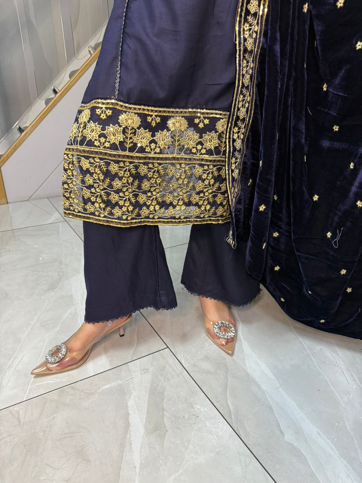 Habiba 3pc Embroidered Dhanak Suit With Velvet Shawl