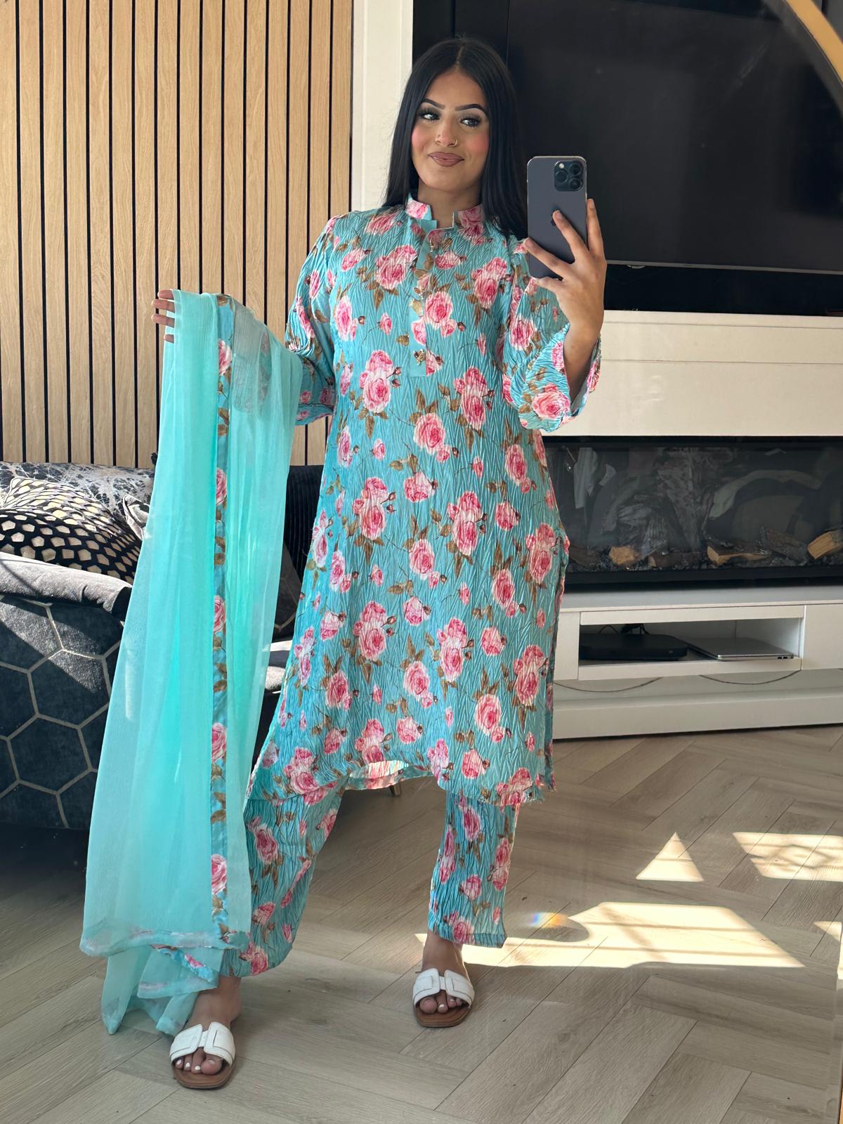 Zeina Crinkle Floral - Turquoise