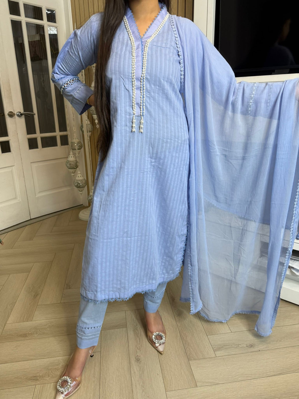 Radhiya 3pc Cotton Suit With Pearl Detailing