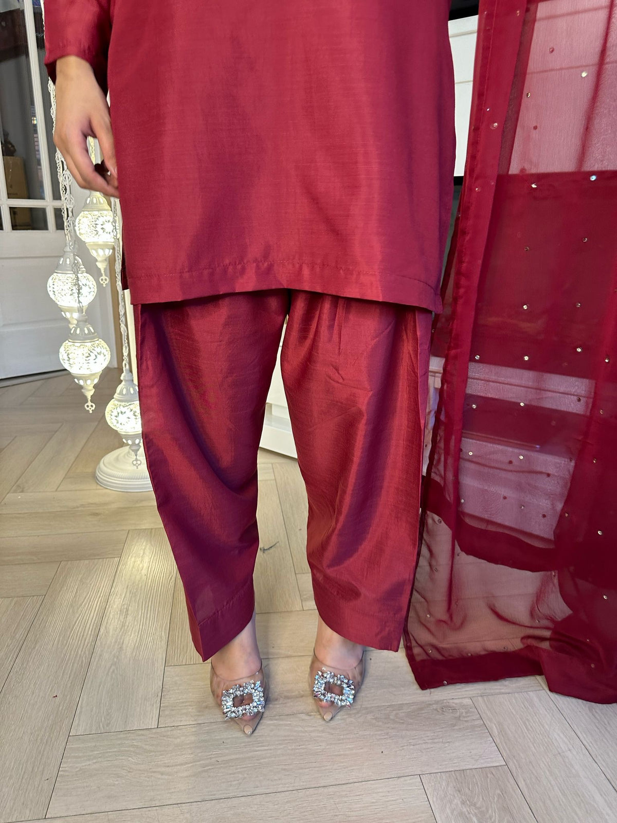 Keisha 3pc Plain Silk Farshi Shalwar