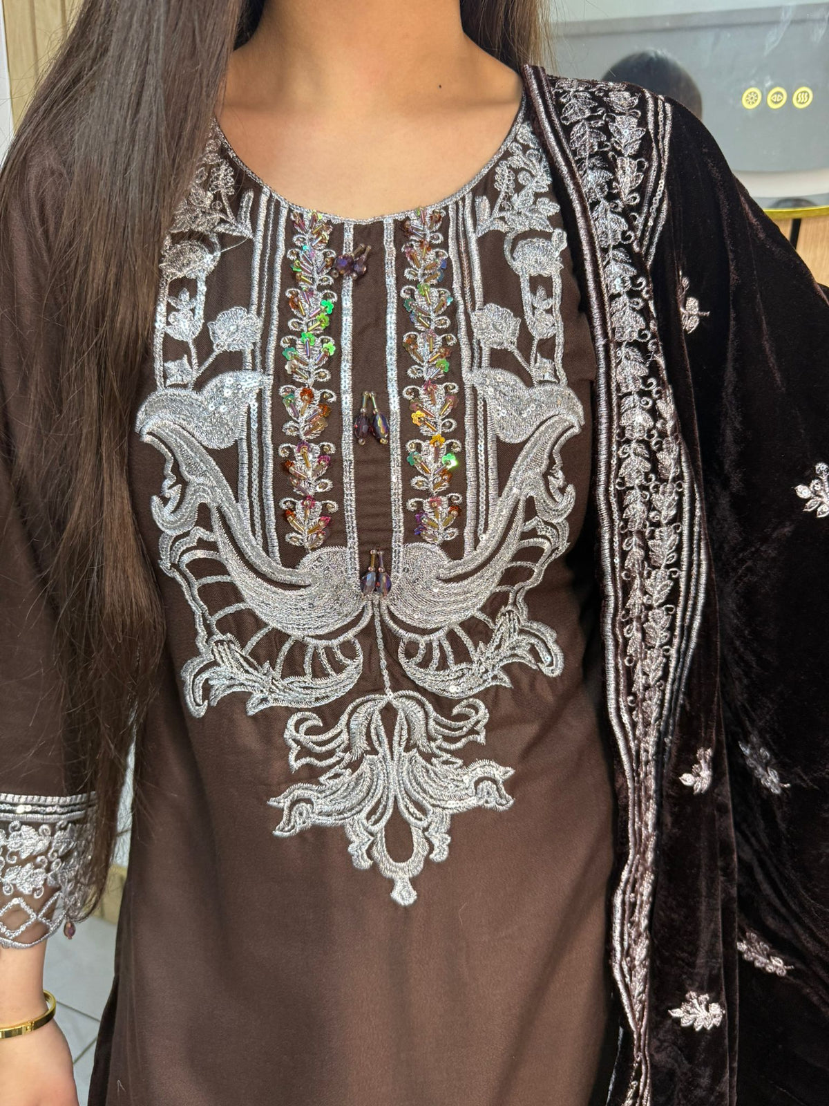 Habiba 3pc Embroidered Dhanak Suit With Velvet Shawl