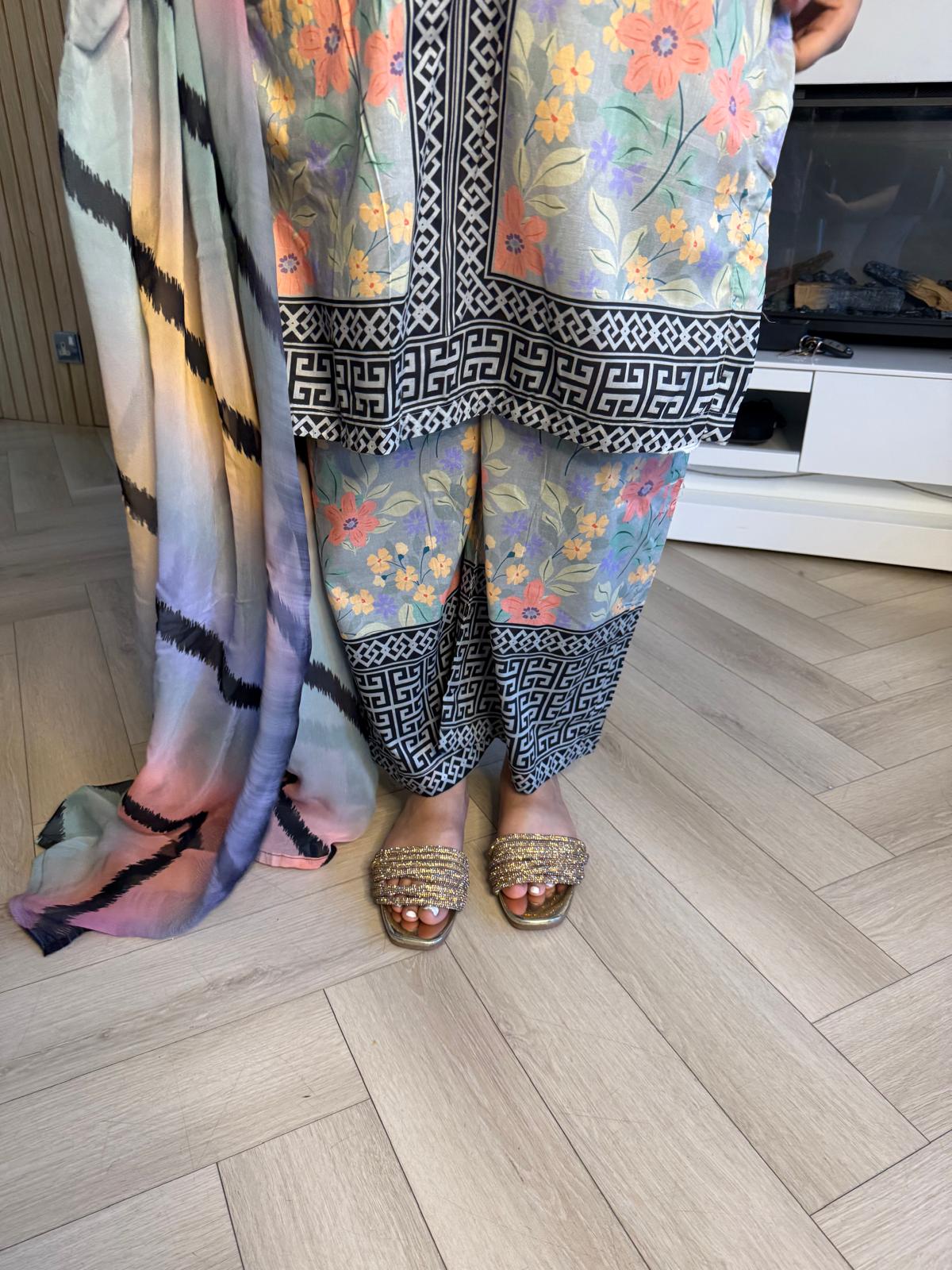 Sonam 3pc Printed Lawn Suit With Plazzo Trouser