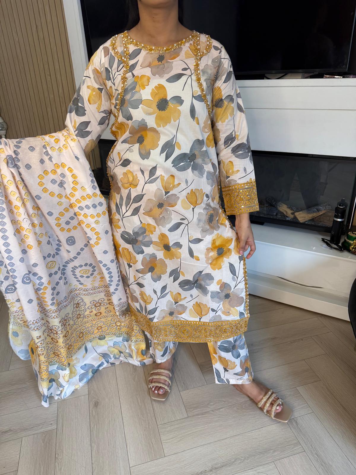Izah 3pc Printed Lawn Suit With Shoulder Cutout