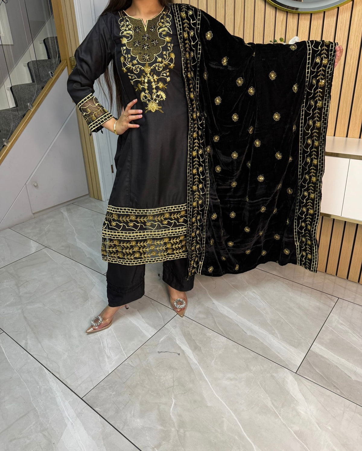 Habiba 3pc Embroidered Dhanak Suit With Velvet Shawl