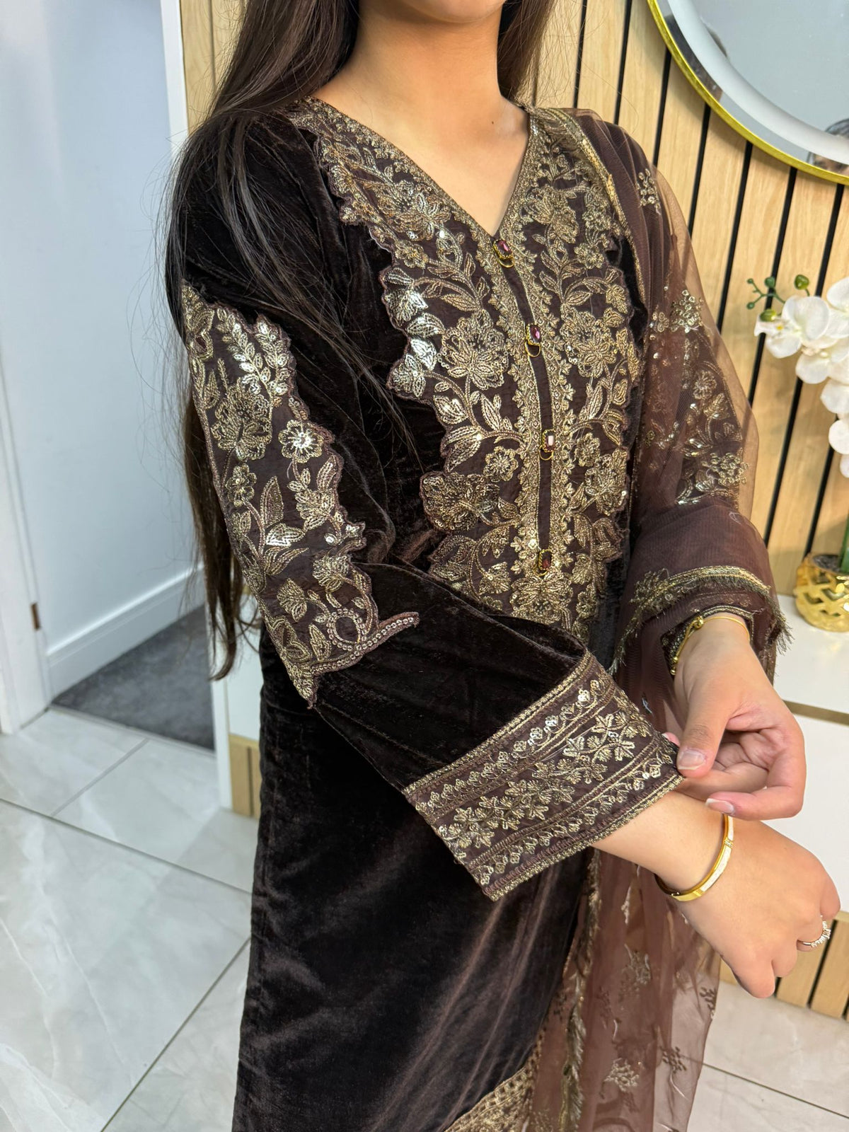 Lisha 3pc Button Velvet Suit With Net Dupatta U3-B1