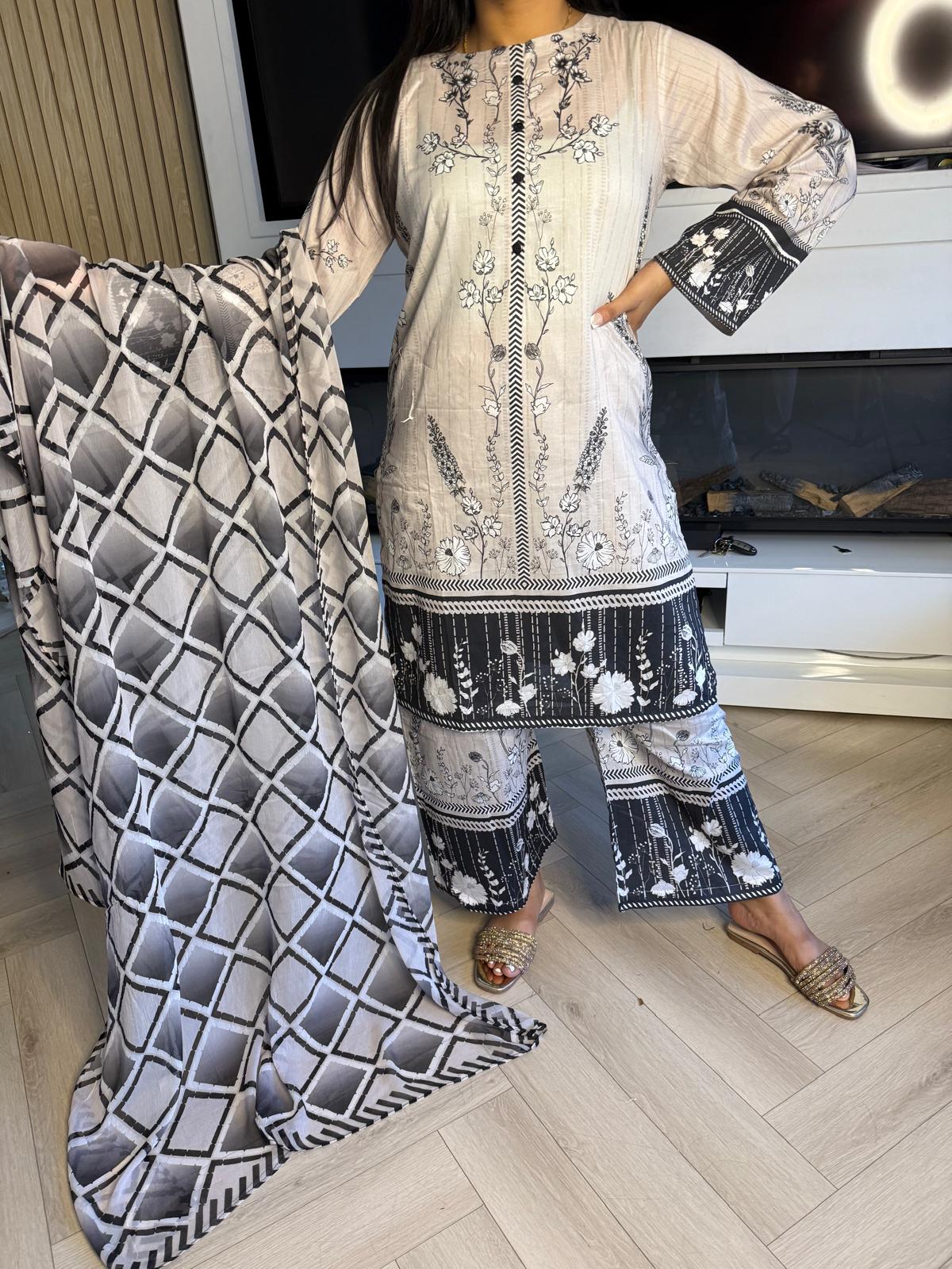 Sonam 3pc Printed Lawn Suit With Plazzo Trouser