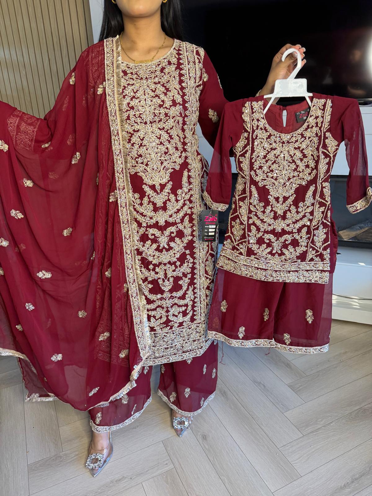 Manisba 3pc Mother & Daughter chiffon Suit With Plazzo