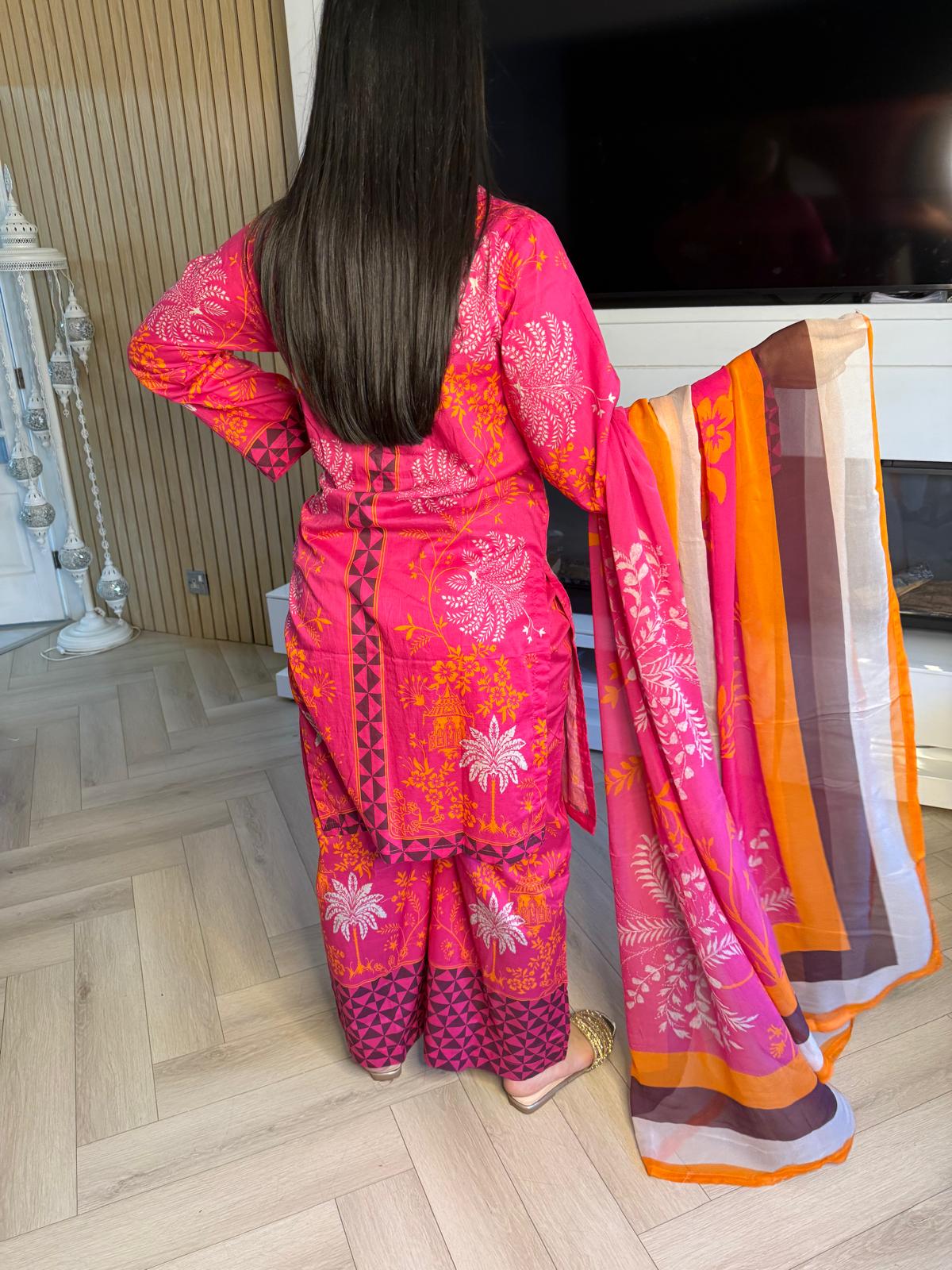 Sonam 3pc Printed Lawn Suit With Plazzo Trouser