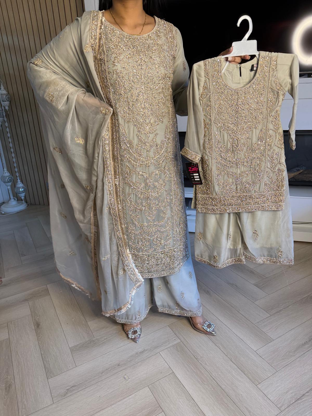 Manisba 3pc Mother & Daughter chiffon Suit With Plazzo