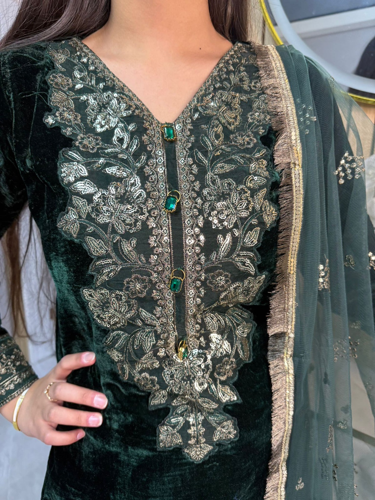 Lisha 3pc Button Velvet Suit With Net Dupatta U3-B1