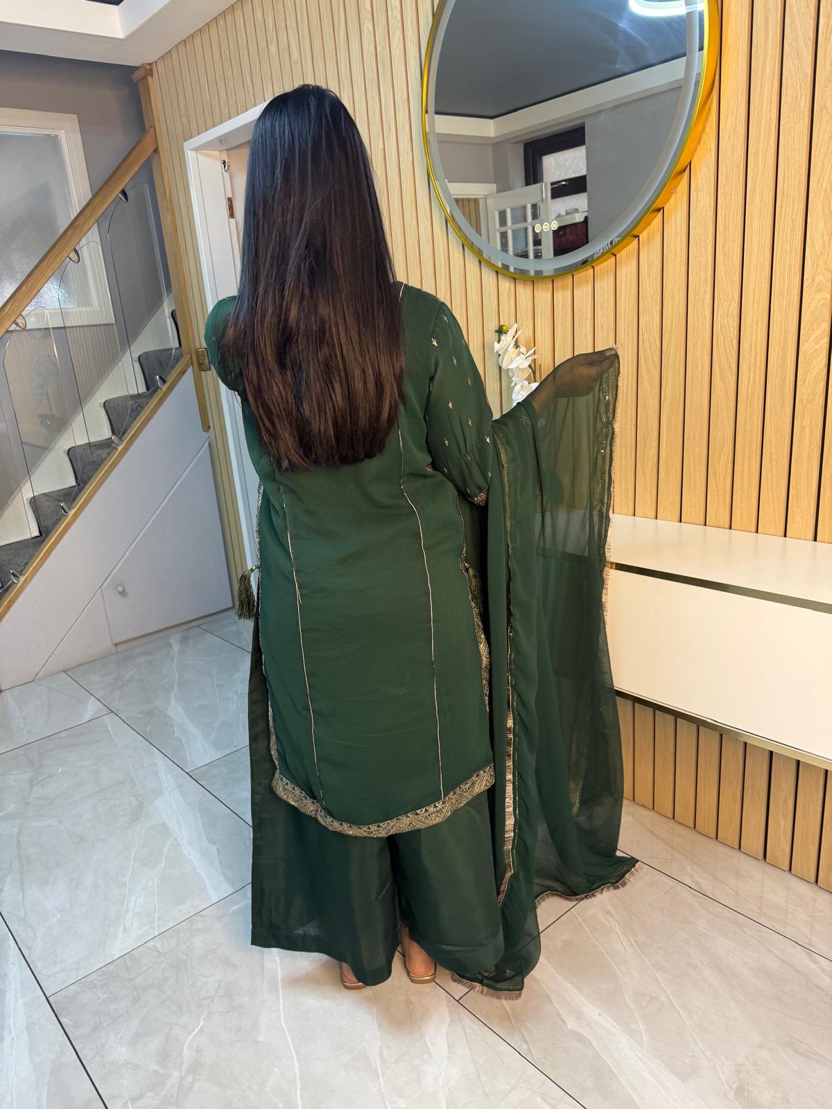 Fajar 3pc Chiffon Suit With Silk Plazzo-Green U3-B2