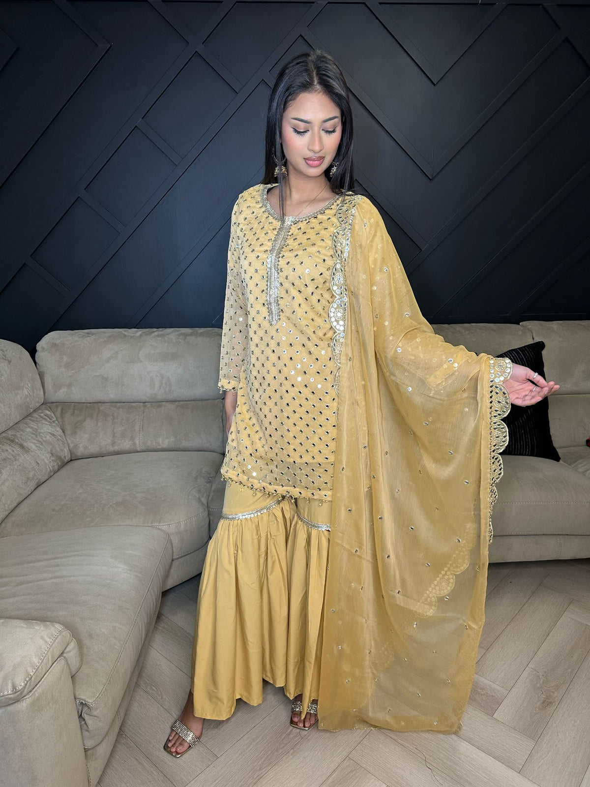 Rangz 3pc Gharara Suit with Chiffon Dupatta