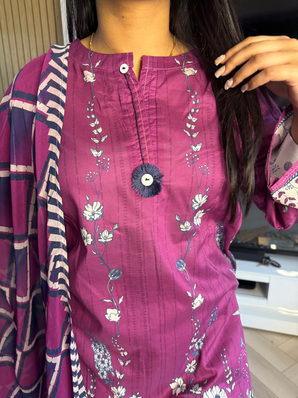 Sonam 3pc Printed Lawn Suit With Plazzo Trouser