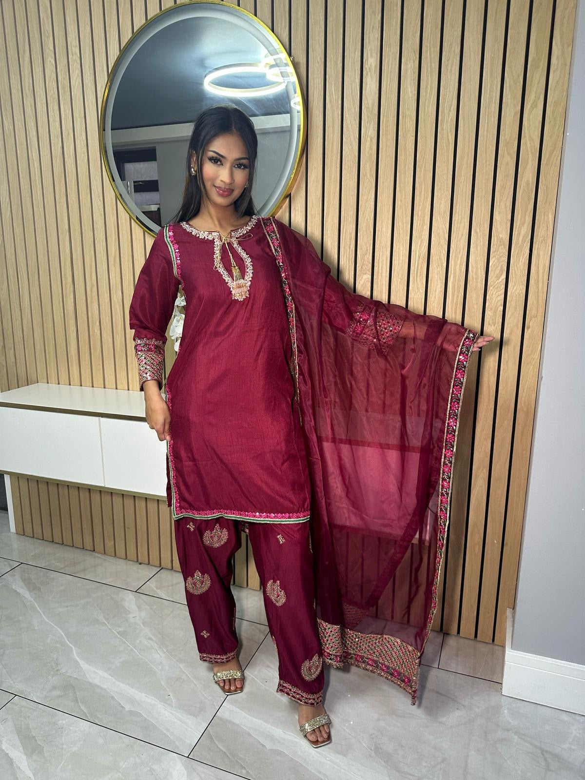 Lubna 3pc Silk Suit -Maroon U2-A5